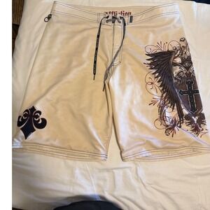 Affliction Men Board Shorts Cream Winged Shield Cross Graphic Swim Trunks 42 Y2K